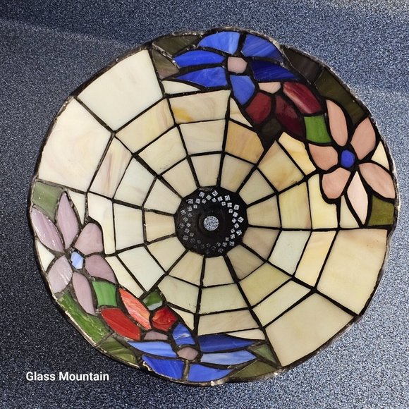 SOLD - Tiffany Style Small Stained Glass Floral Mauve Red Blue Green Lamp Shade - Picture 5 of 7